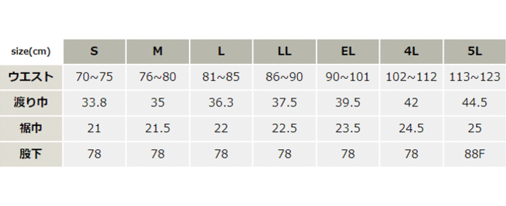 帯電防止脇ゴムカーゴパンツ【07006-OKH】 サイズ表