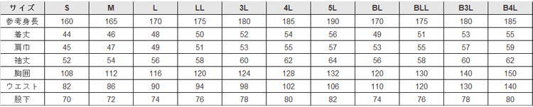 つなぎ 作業服【100-MRK】 サイズ表