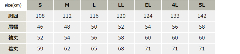 NEOCOT制電ブルゾン【1030-JIC】 サイズ表