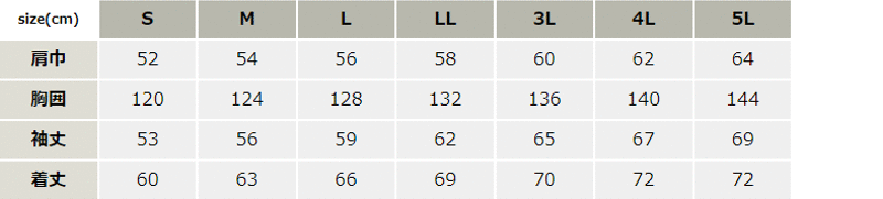 撥水長袖ブルゾン【12180-XEB】 サイズ表
