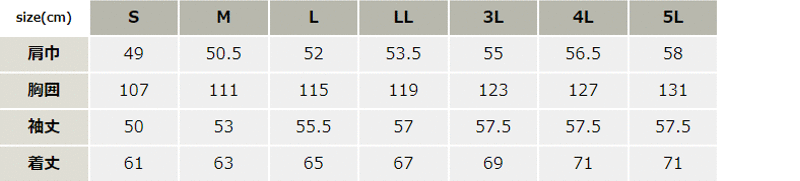 清涼素材長袖ブルゾン【1254-XEB】 サイズ表
