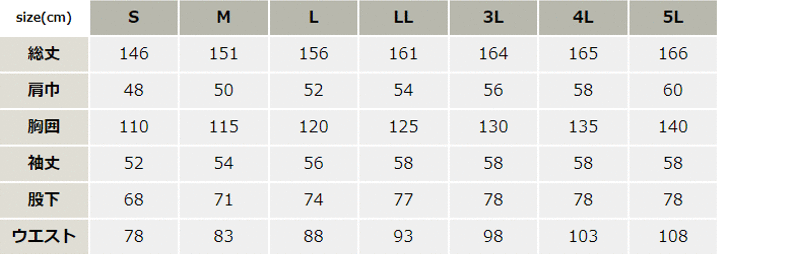 抗菌防臭サマーつなぎ服【1298-XEB】 サイズ表