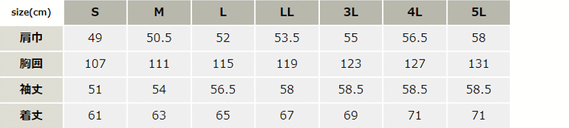 高通気長袖ブルゾン【1344-XEB】 サイズ表