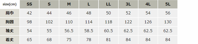 帯電防止長袖シャツ【1513-XEB】 サイズ表