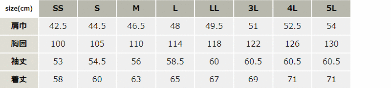 帯電防止長袖ブルゾン【1514-XEB】 サイズ表