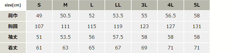 清涼素材長袖ブルゾン【1694-XEB】 サイズ表