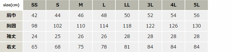 帯電防止半袖シャツ【1712-XEB】 サイズ表