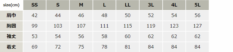 帯電防止長袖シャツ【1733-XEB】 サイズ表