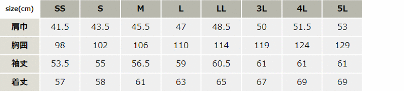 帯電防止長袖ブルゾン【1734-XEB】 サイズ表