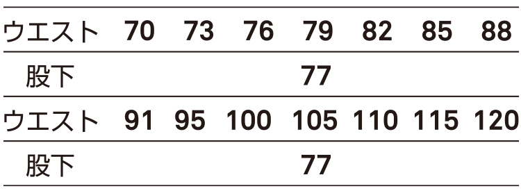 綿100％ノータック米式パンツ【1871-BBO】 サイズ表