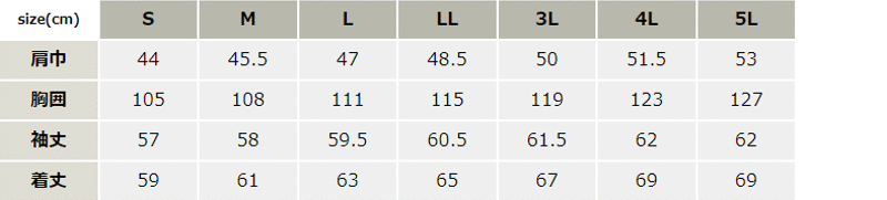 フルハーネス対応長袖ブルゾン【2234-XEB】 サイズ表