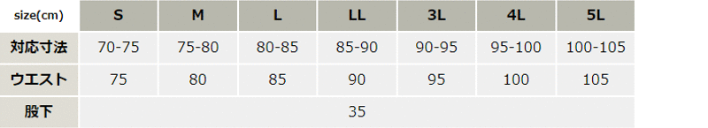 冷感ハーフパンツ【2815-XEB】 サイズ表