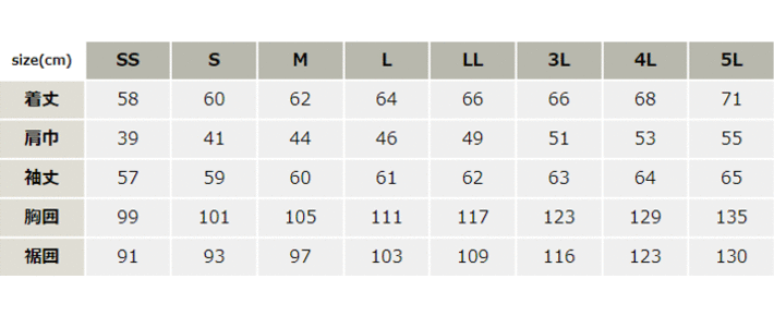 KANSAIデニム長袖ブルゾン【30012-OKH】 サイズ表