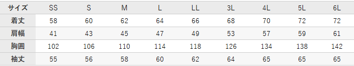 作業服 長袖ジャンパー【32693-KRO】 サイズ表