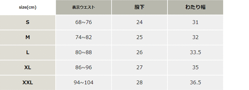 ショートパンツ【4083-BAT】 サイズ表