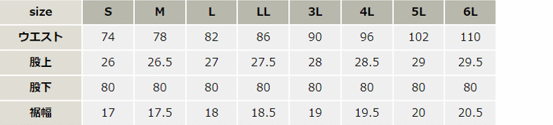 ＴＳ4Ｄナイロンドッツメンズカーゴパンツ【4604-TSD】 サイズ表