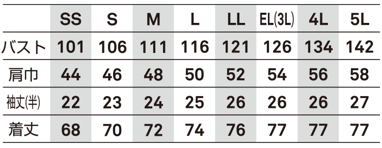 作業服 半袖シャツ【476-BBO】 サイズ表