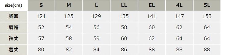 耐久撥水加工防寒コート(フード付)【48233-JIC】 サイズ表