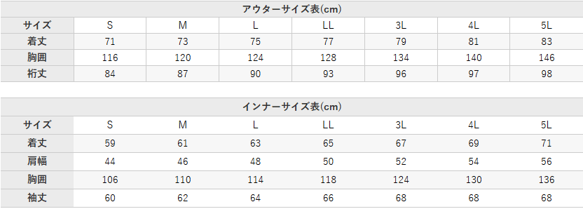 3WAY防寒ジャケット【54378-KRO】 サイズ表