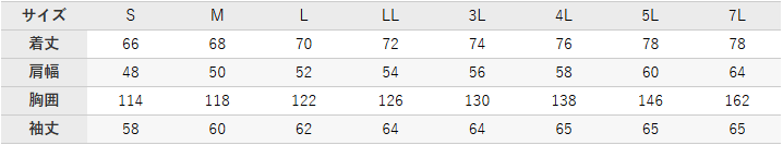防寒ジャンパー【54391-KRO】 サイズ表
