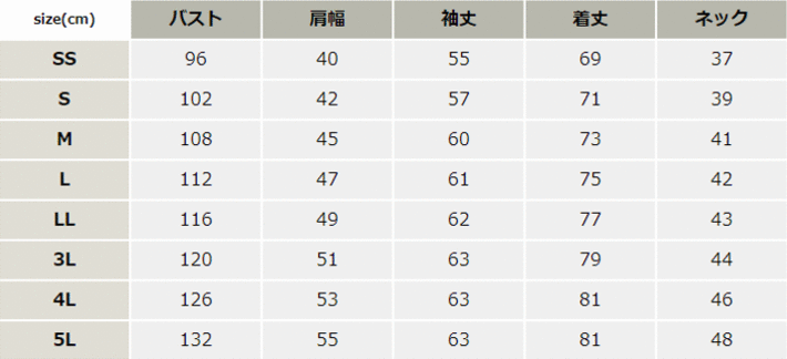 日本製綿100%長袖シャツ【5515-BAT】 サイズ表