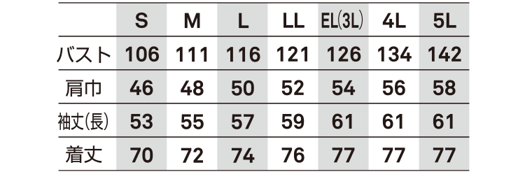 作業服 長袖シャツ【5625-BBO】 サイズ表