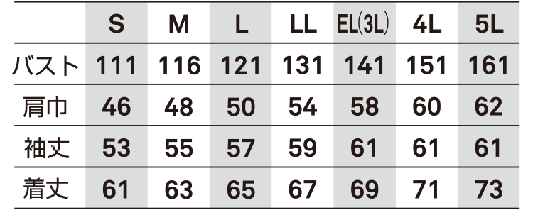作業服 長袖ブルゾン【5627-BBO】 サイズ表