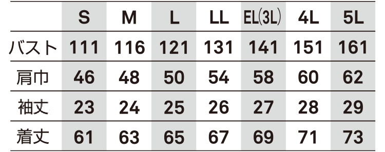 作業服 長袖ブルゾン【5628-BBO】 サイズ表