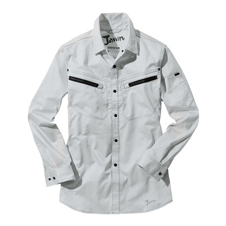 ストレッチサテン長袖シャツ【56504-JIC】 C147.パールシルバー