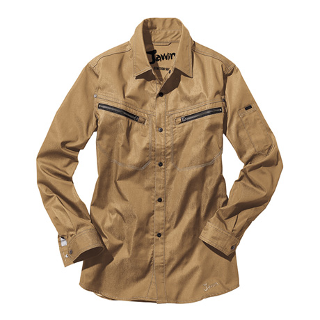 ストレッチサテン長袖シャツ【56504-JIC】 C148.キャメルゴールド