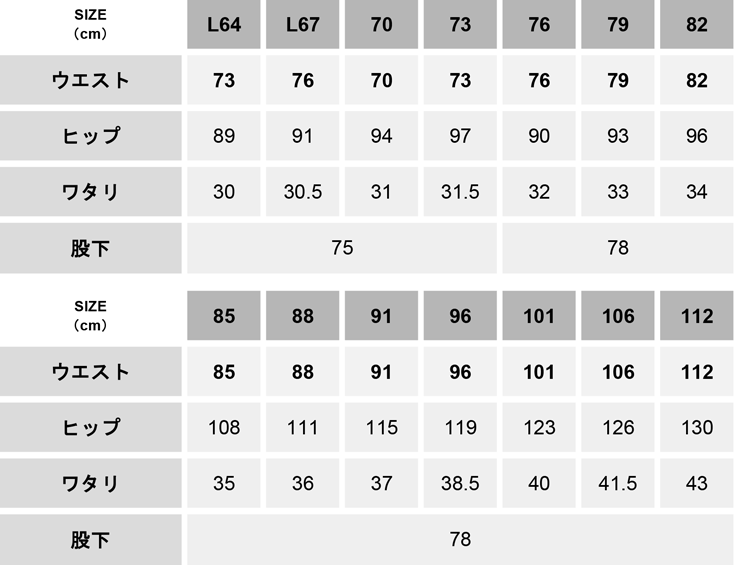 ボディフィールオックスカーゴパンツ【56802-JIC】 サイズ表