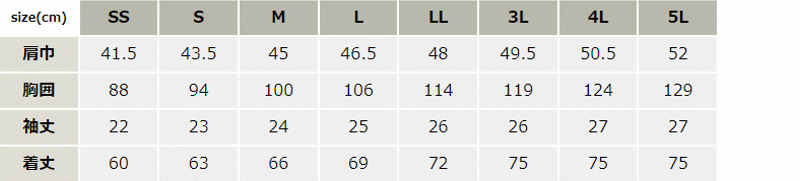 ペン差し付き制電半袖ポロシャツ【6010-XEB】 サイズ表