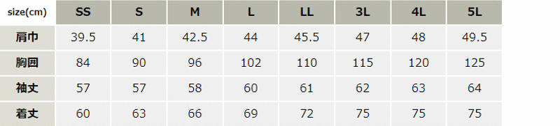 JIS帯電防止長袖ポロシャツ【6041-XEB】 サイズ表