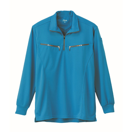 両胸ファスナー長袖ポロシャツ【6165-XEB】 45.コバルトブルー