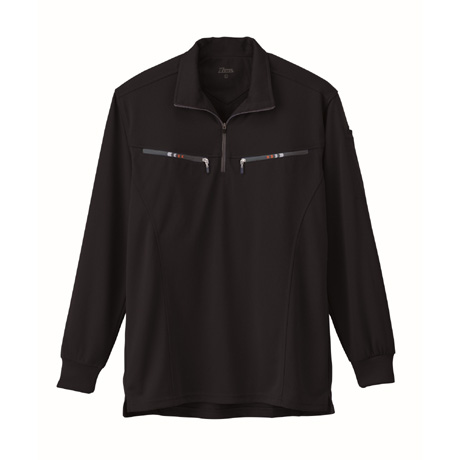 両胸ファスナー長袖ポロシャツ【6165-XEB】 90.クロ