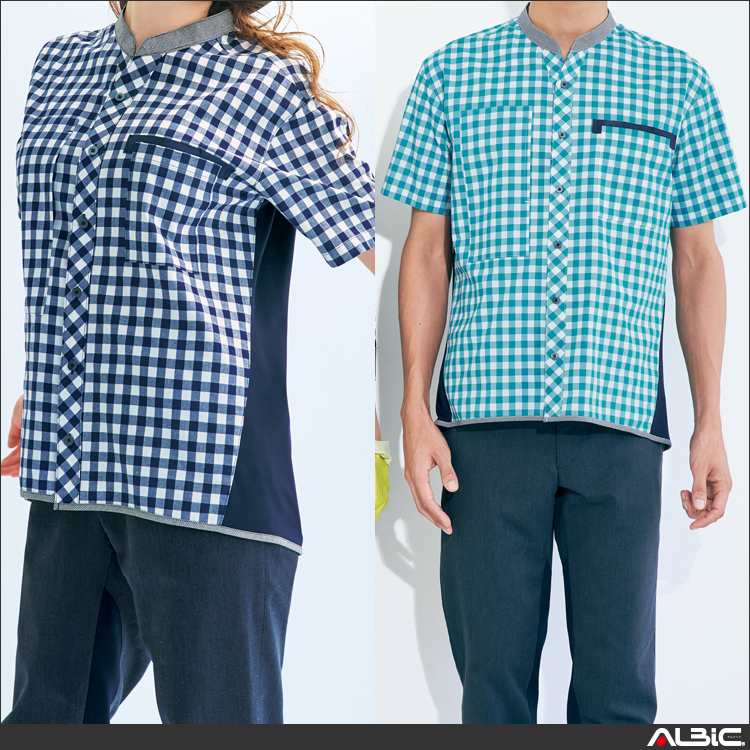 半袖ニット切替チェックシャツ【6351-SER】 商品写真