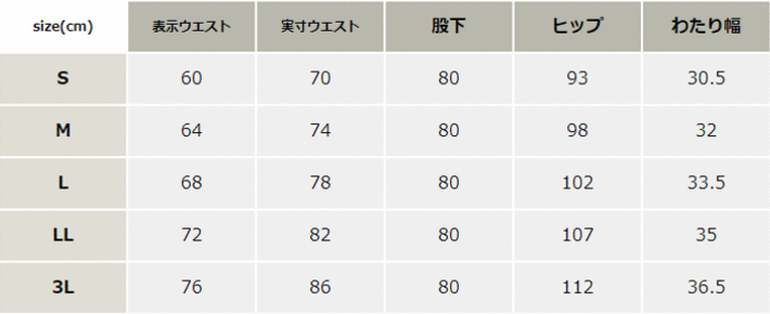 裏綿レディースカーゴパンツ【7089-BAT】 サイズ表