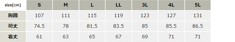 バンザイカット長袖ブルゾン【7564-XEB】 サイズ表