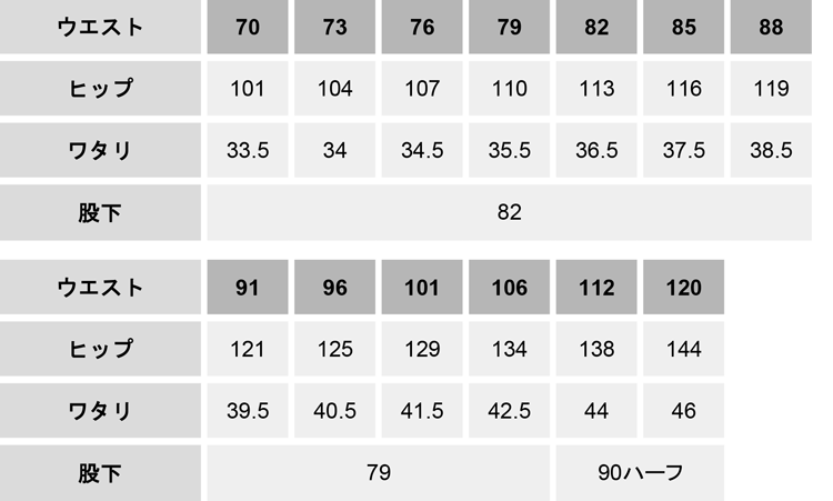 綿100％ストレッチツータックカーゴパンツ【80202-JIC】 サイズ表