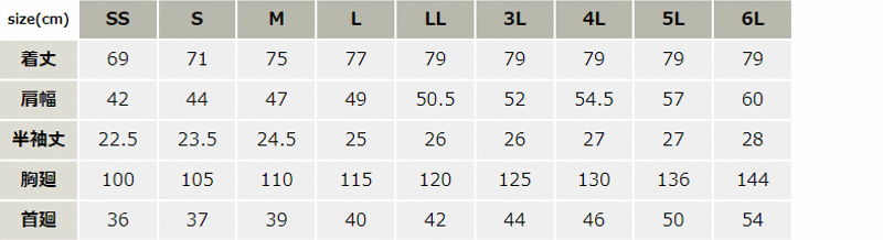 半袖シャツ_サービス_【8021-ait】 サイズ表