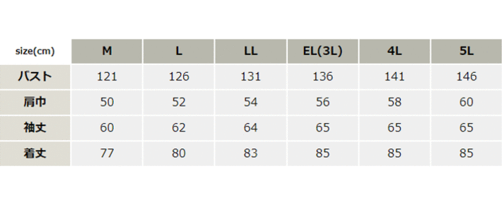 裏アルミ防寒コート【8195-BBO】サイズ表