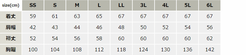 長袖ブルゾン_白衣_【861026-ait】 サイズ表