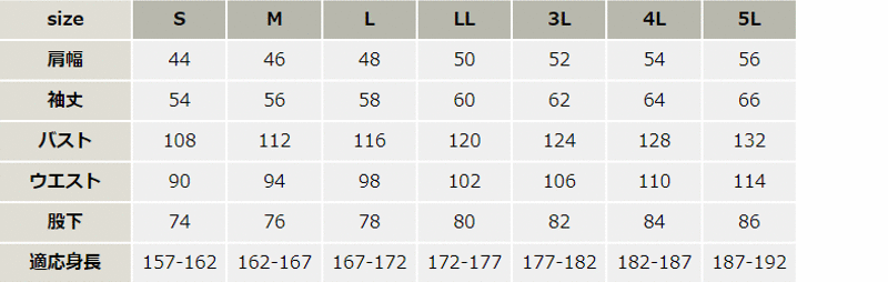 レカロメディカルつなぎ服【8620-YDT】 サイズ表