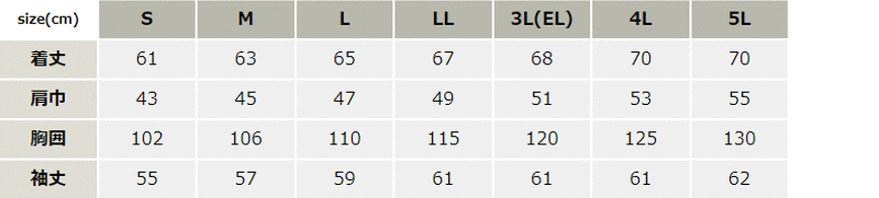 帯電防止長袖ジャンパー【905-KRO】 サイズ表