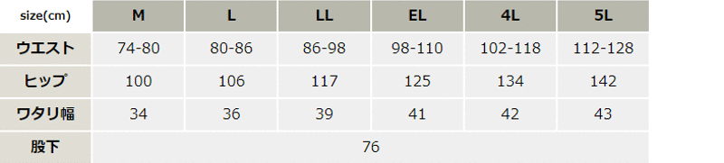 撥水加工帽庵パンツ【9510-JIC】 サイズ表