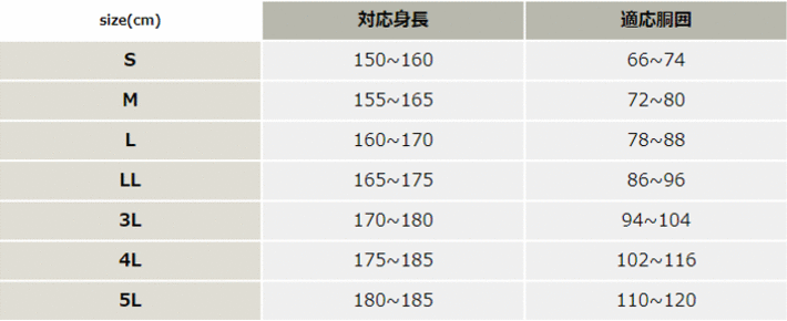 レインパンツ【AG7500-NAH】 サイズ表
