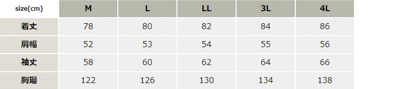 カストロコート_防寒_【AZ10751-ait】 サイズ表