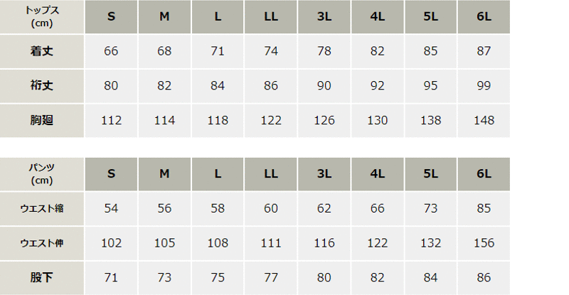 レインスーツ_レインウェア_【AZ56207-ait】 サイズ表