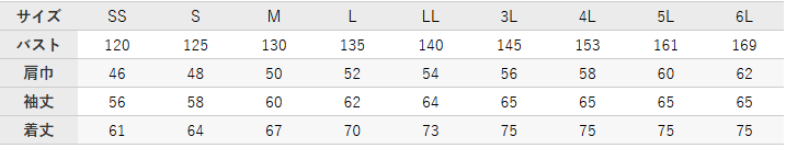 作業服 防寒ジャケット【BM786-BBO】 サイズ表