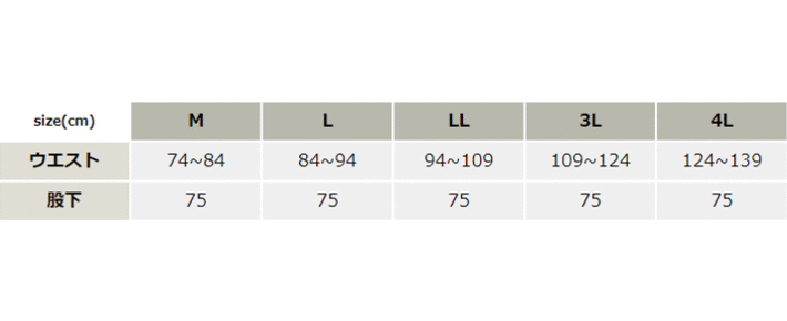 冷凍倉庫用防寒パンツ【BO8005-SUN】 サイズ表